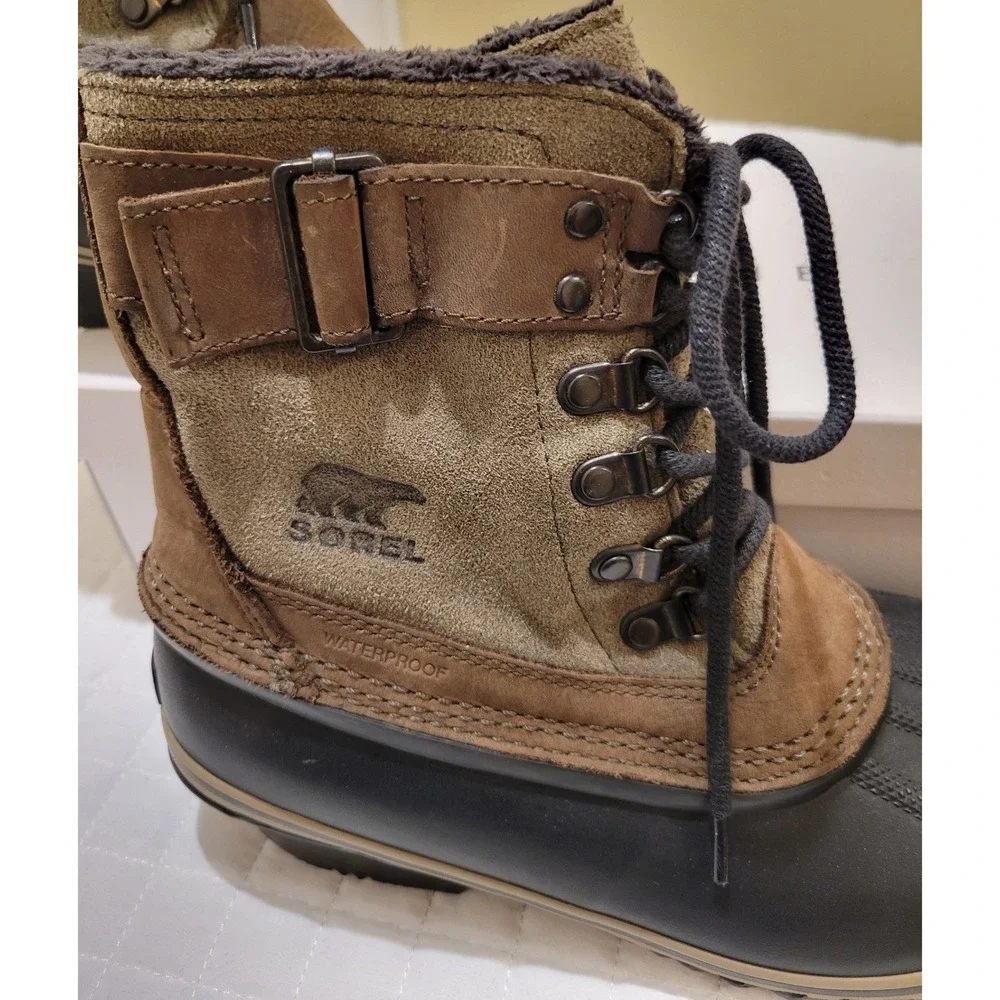 Like New Sorel Women's Size 7 Winter Fancy‎ Lace II Rain Boot Black Tan Leather